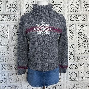Liz Claiborne Gray‎ Marled Fair Isle Chunky Granny Turtleneck Sweater Sz Small